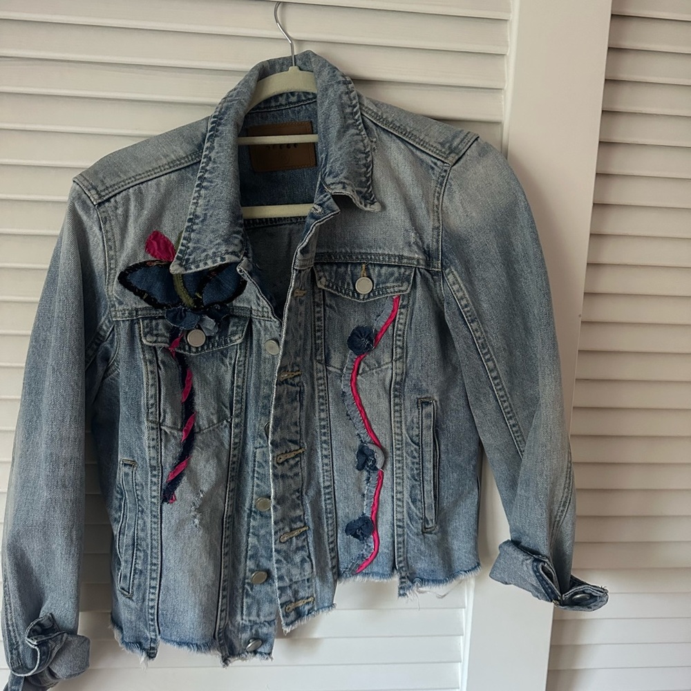 Beautiful handmade embroidered Blank NYC Blue Denim Jacket with Brown Label